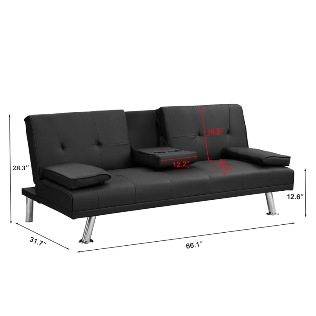 Futon Sofa Bed with Cup Holders & Armrests