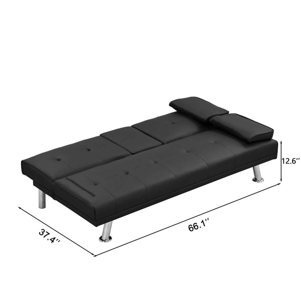 Futon Sofa Bed with Cup Holders & Armrests