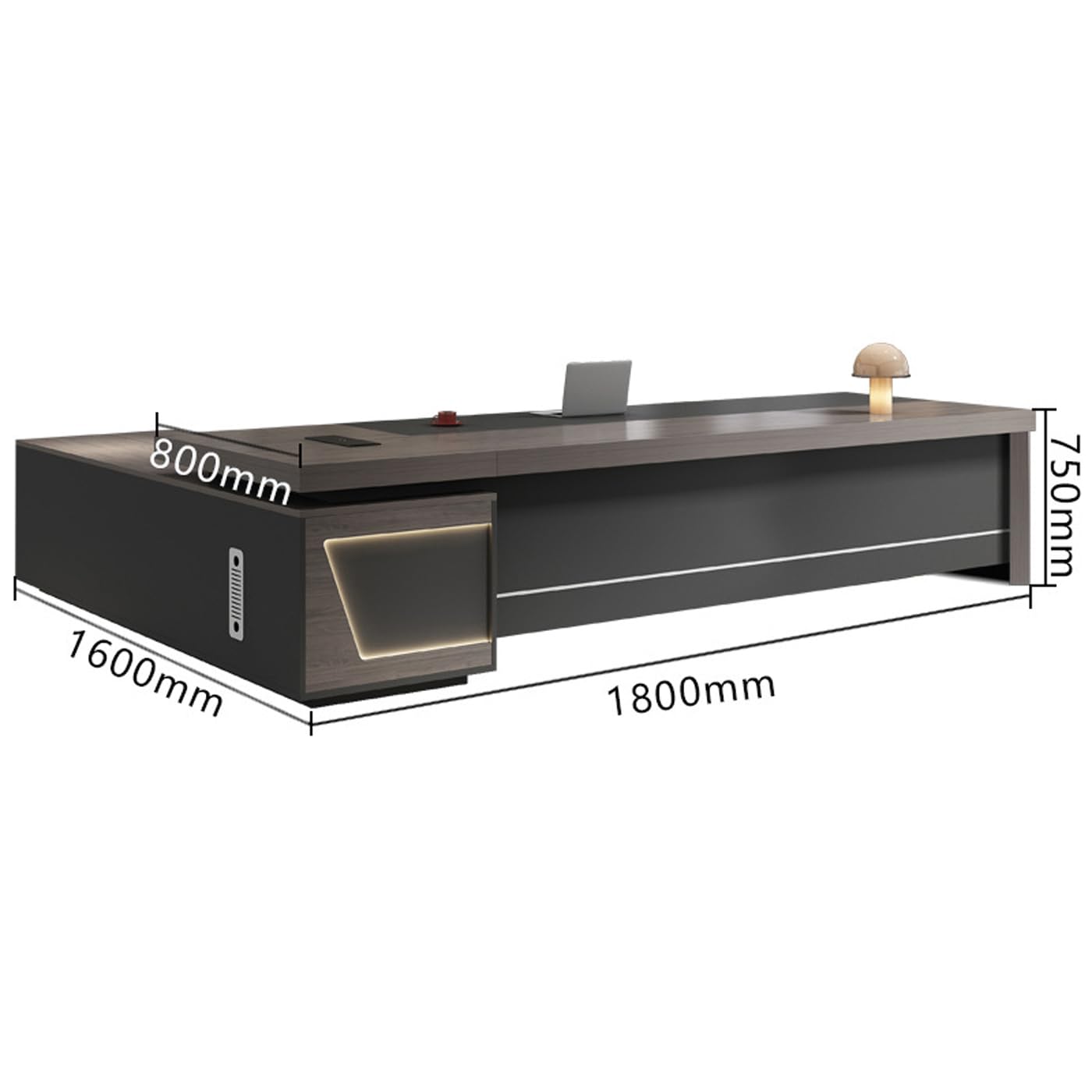 L-Shaped Executive Desk with Drawers, Power Outlet & File Cabinet
