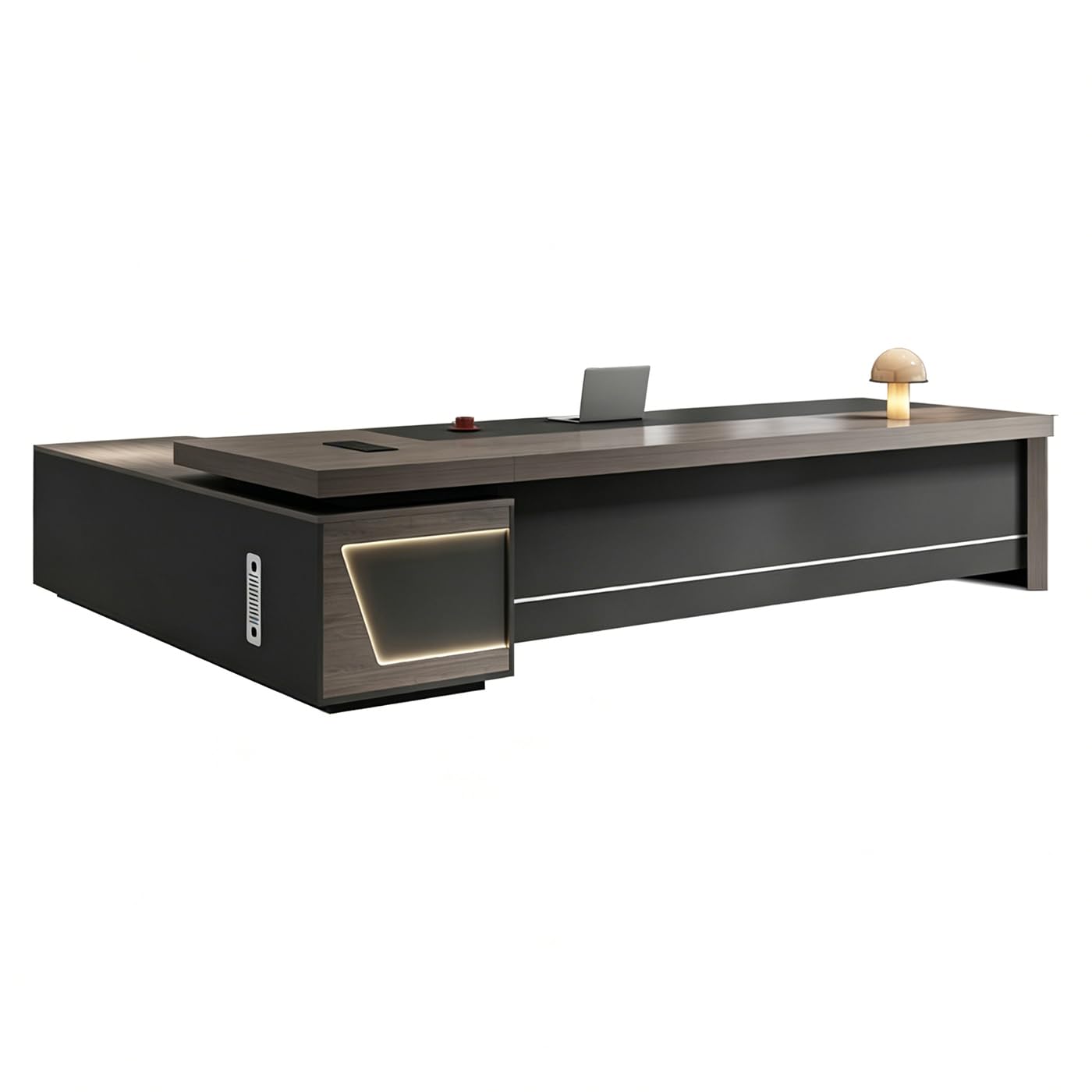 L-Shaped Executive Desk with Drawers, Power Outlet & File Cabinet