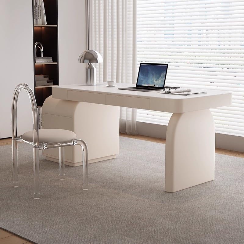 Cream White Wood Desk with Drawers