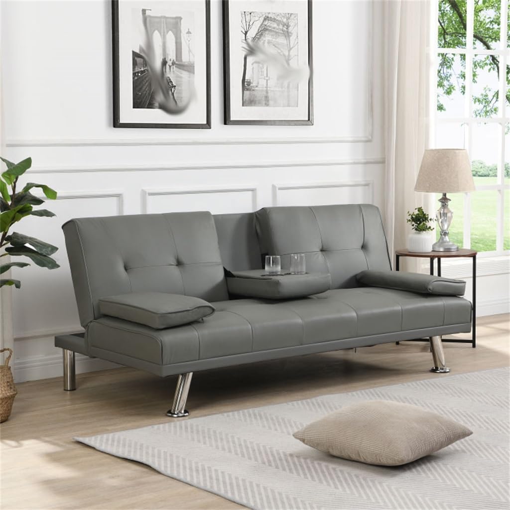 Futon Sofa Bed with Cup Holders & Armrests