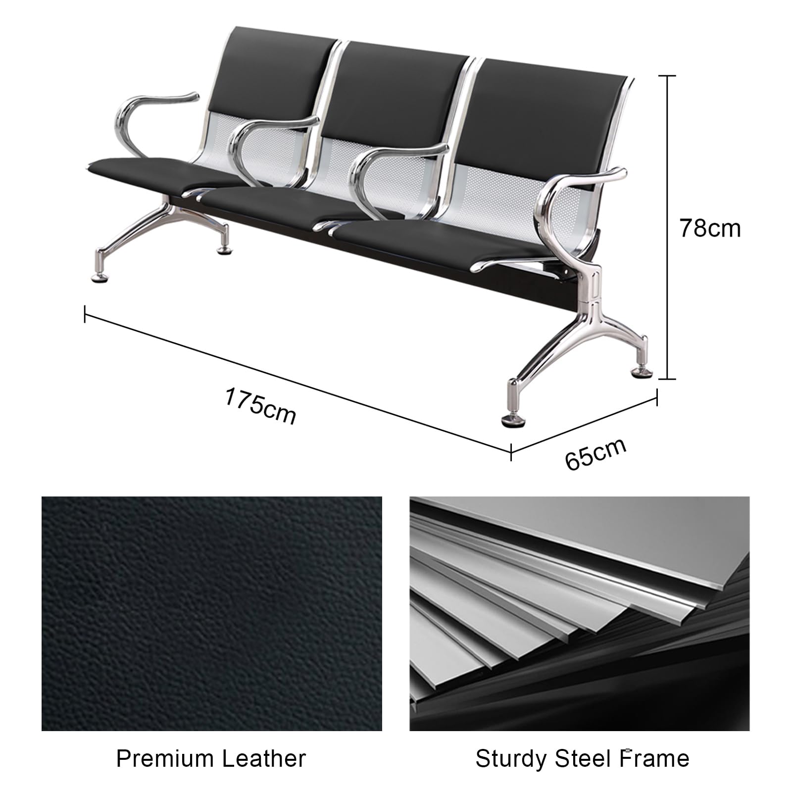 3-Seat Reception Bench with Cushioned Seating & Armrests