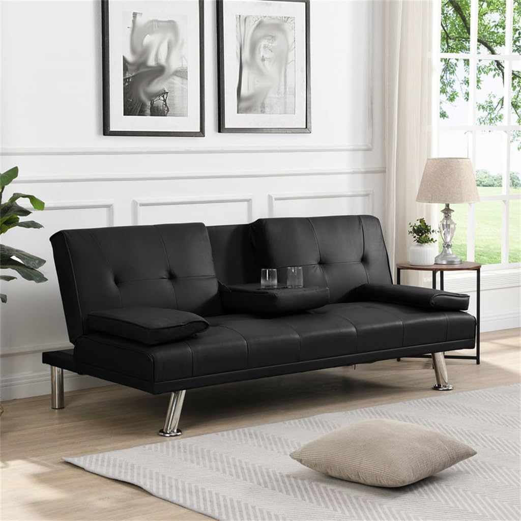Futon Sofa Bed with Cup Holders & Armrests