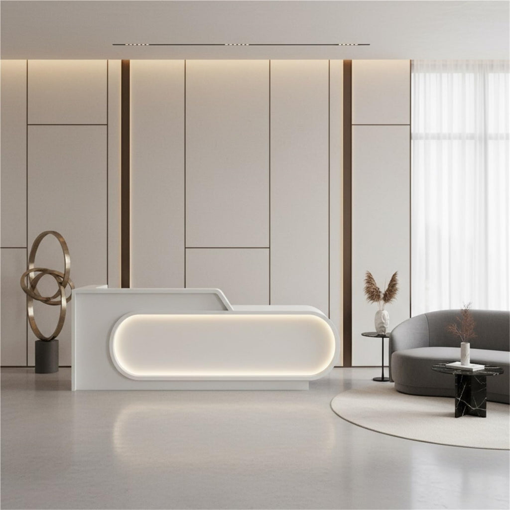 L-Shaped Reception Desk with LED Lighting & Privacy Panel