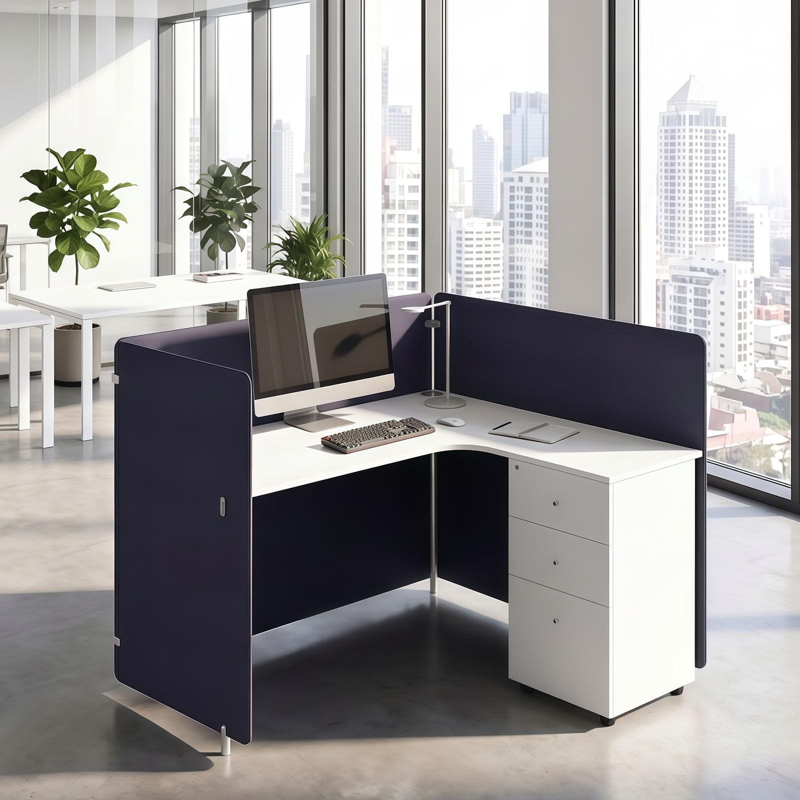 Office Cubicle Workstation with Privacy Partitions & Storage Cabinet
