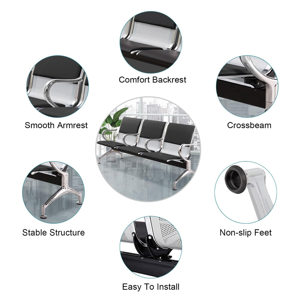 3-Seat Reception Bench with Cushioned Seating & Armrests