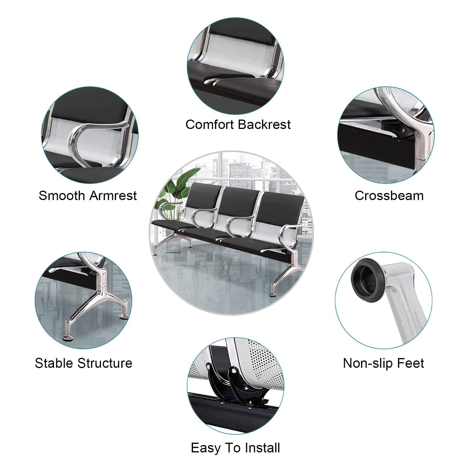 3-Seat Reception Bench with Cushioned Seating & Armrests