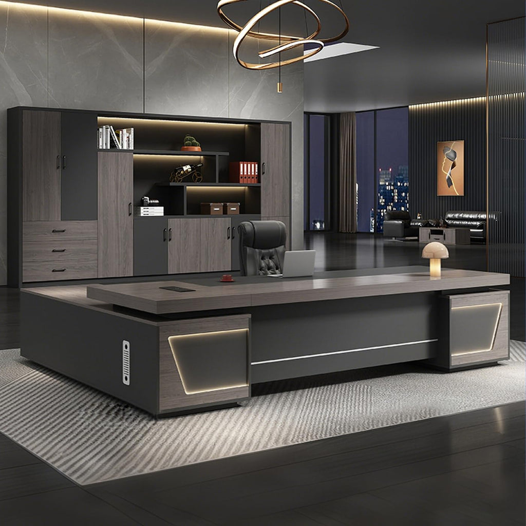 L-Shaped Executive Desk with Drawers, Power Outlet & File Cabinet