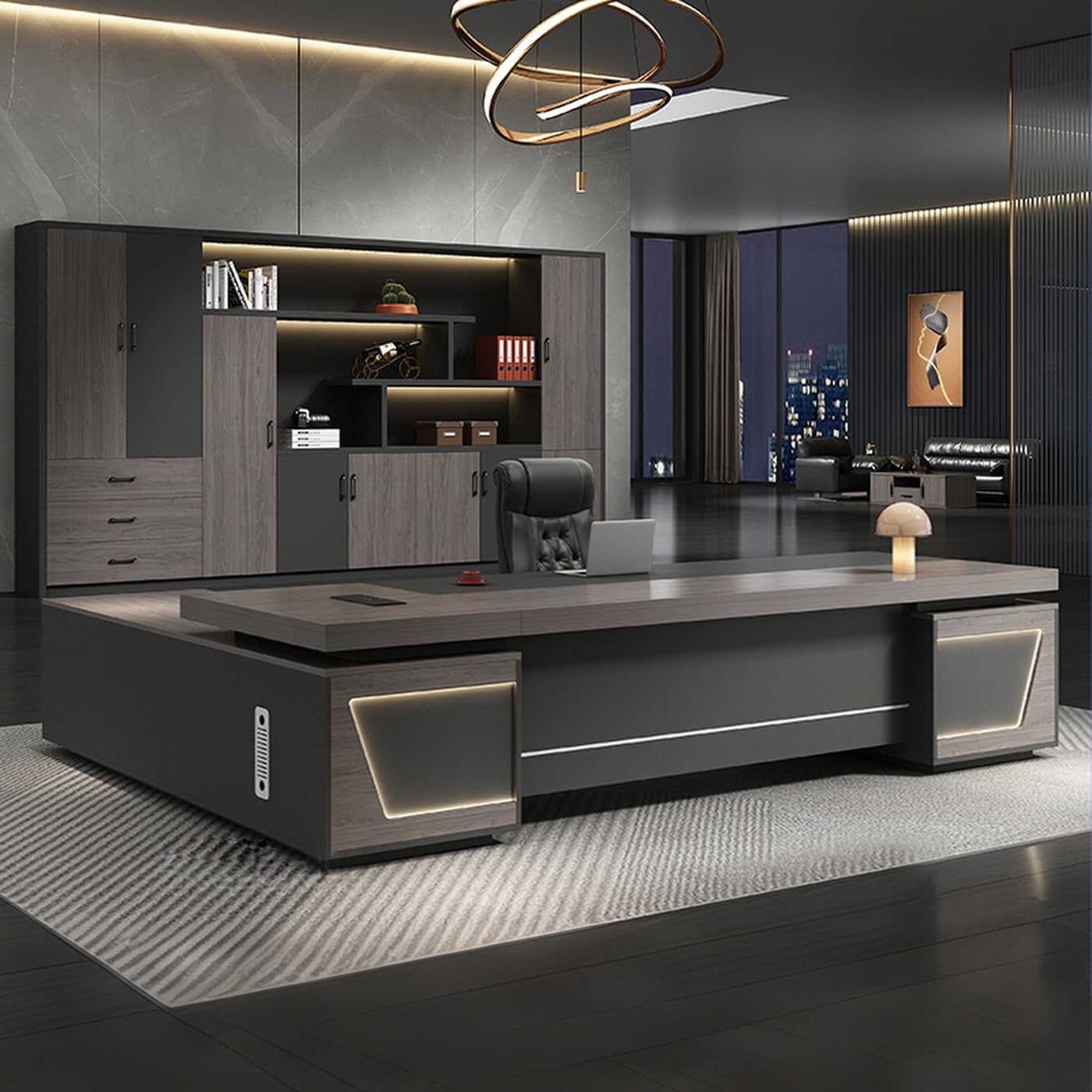 L-Shaped Executive Desk with Drawers, Power Outlet & File Cabinet