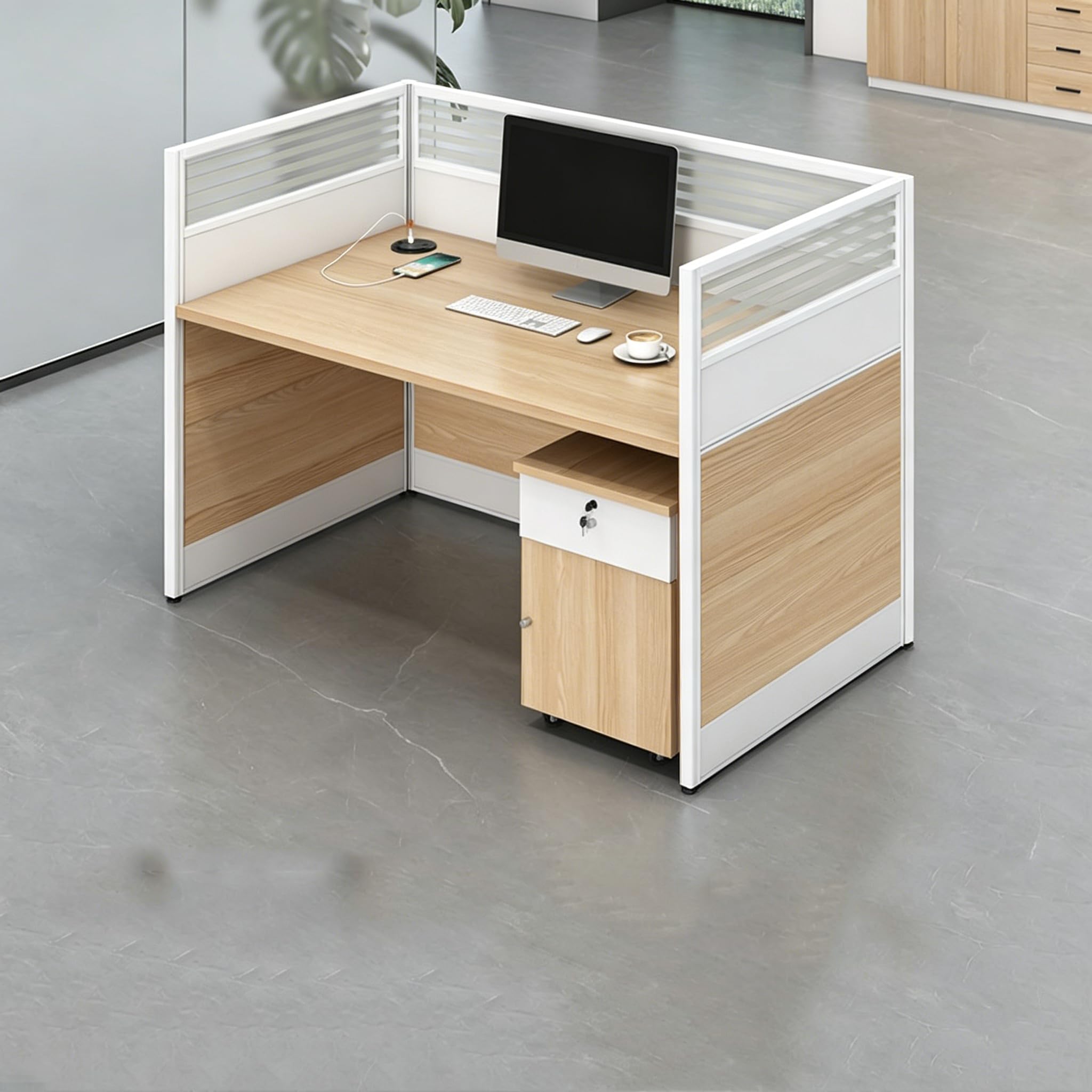 Multi-Person Office Workstation with Privacy Panels & Lockable Storage