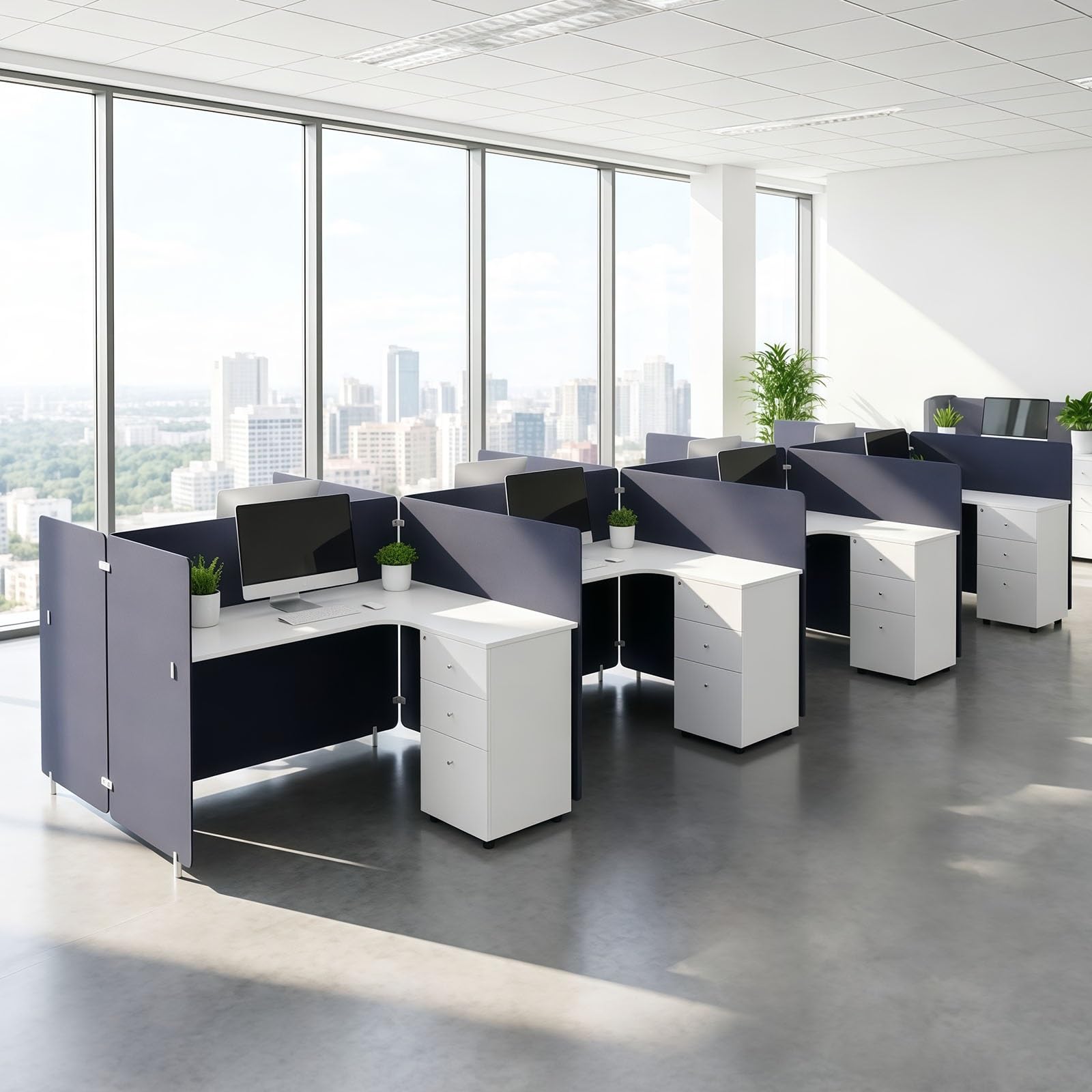 Office Cubicle Workstation with Privacy Partitions & Storage Cabinet