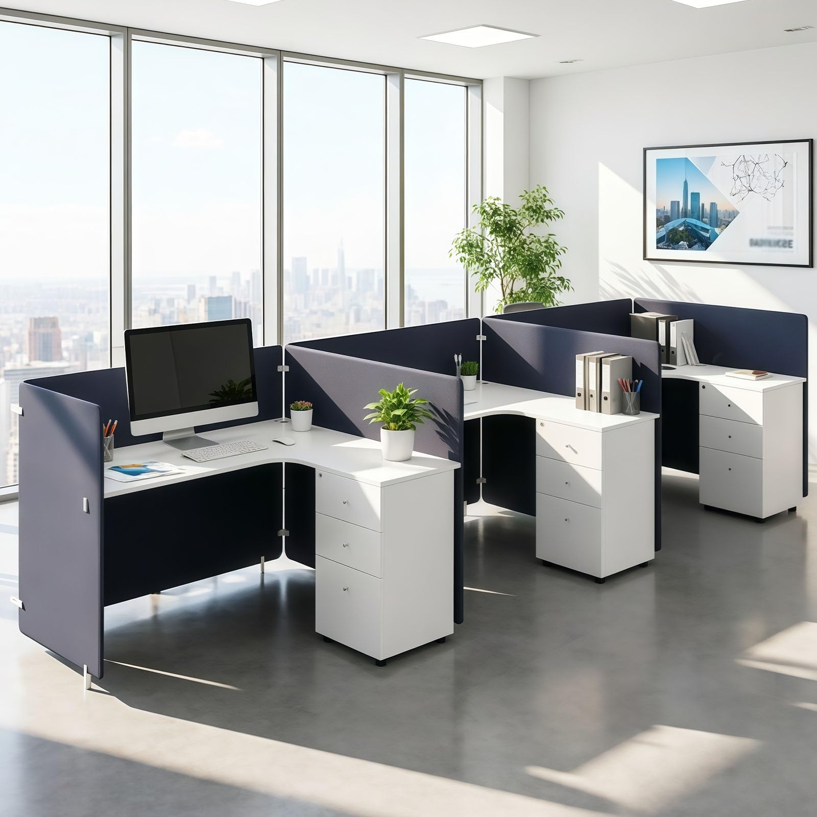 Office Cubicle Workstation with Privacy Partitions & Storage Cabinet