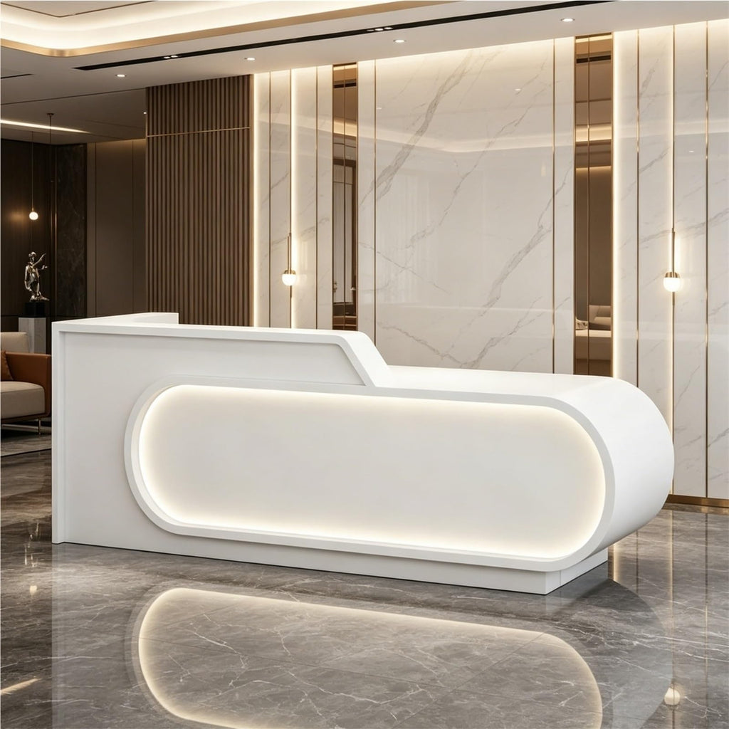 L-Shaped Reception Desk with LED Lighting & Privacy Panel