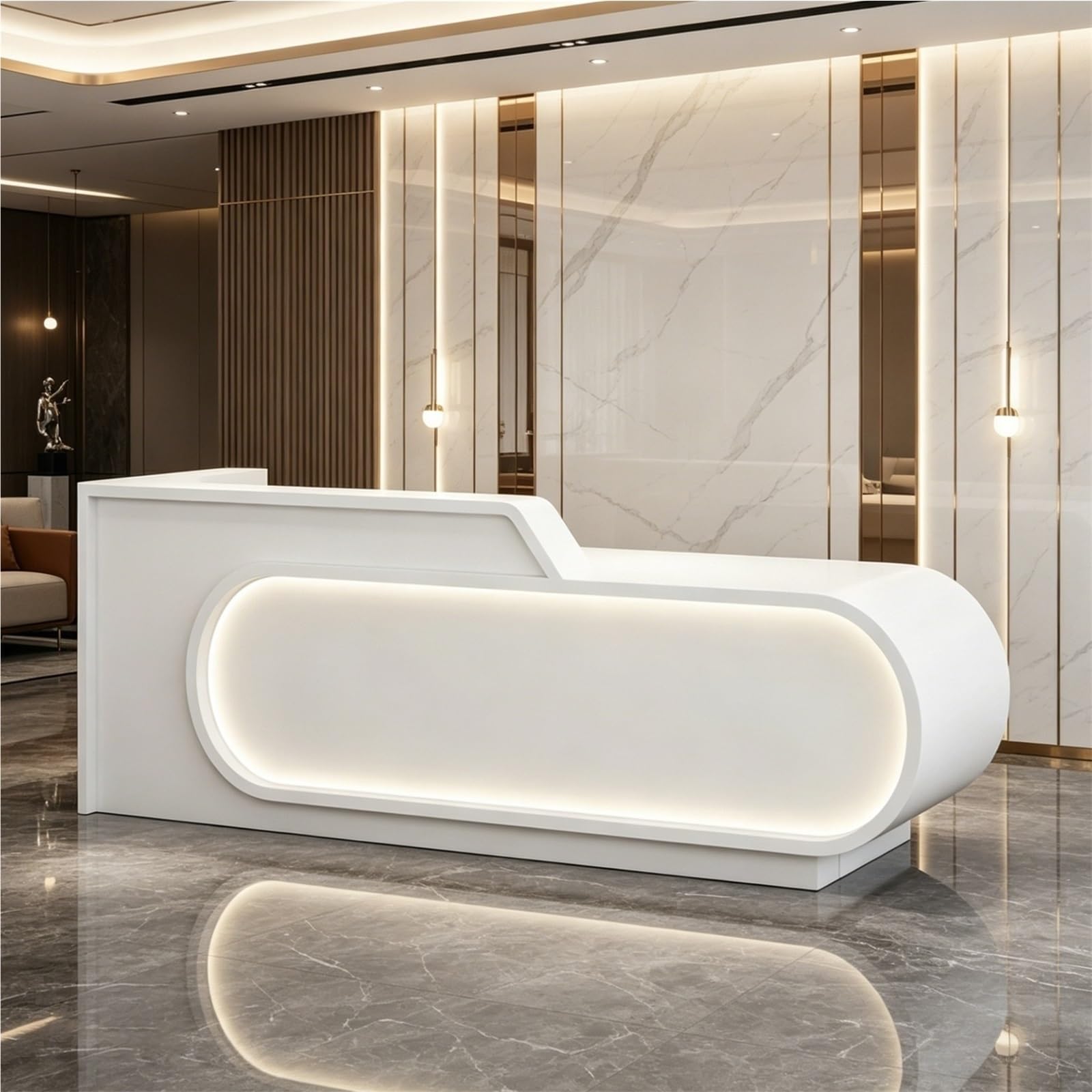 L-Shaped Reception Desk with LED Lighting & Privacy Panel