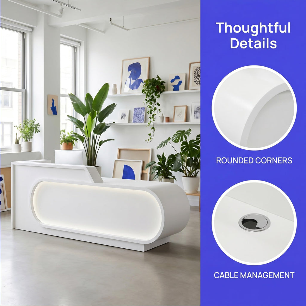 L-Shaped Reception Desk with LED Lighting & Privacy Panel