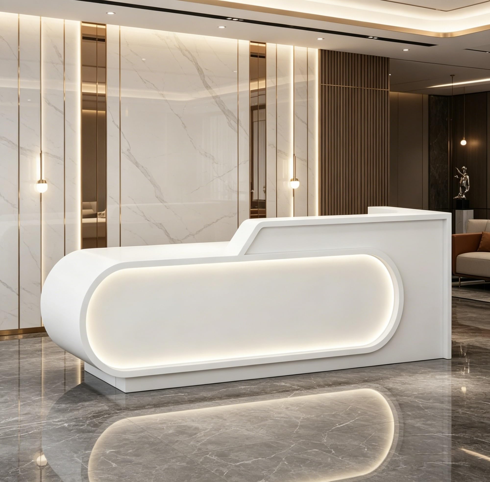 L-Shaped Reception Desk with LED Lighting & Privacy Panel