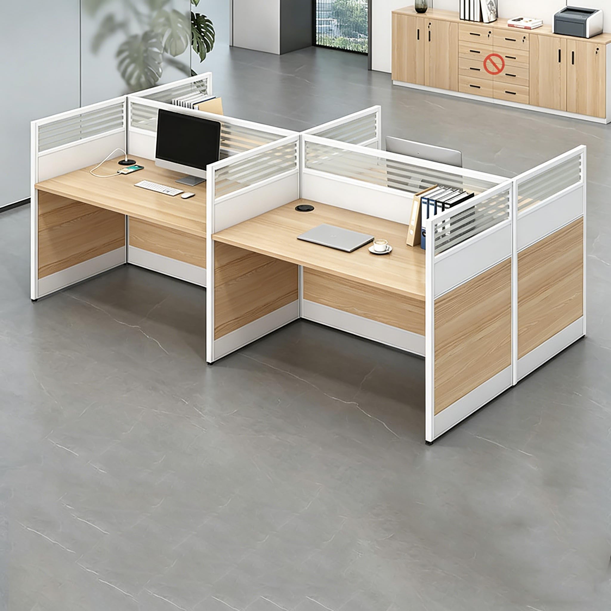 Multi-Person Office Workstation with Privacy Panels & Lockable Storage