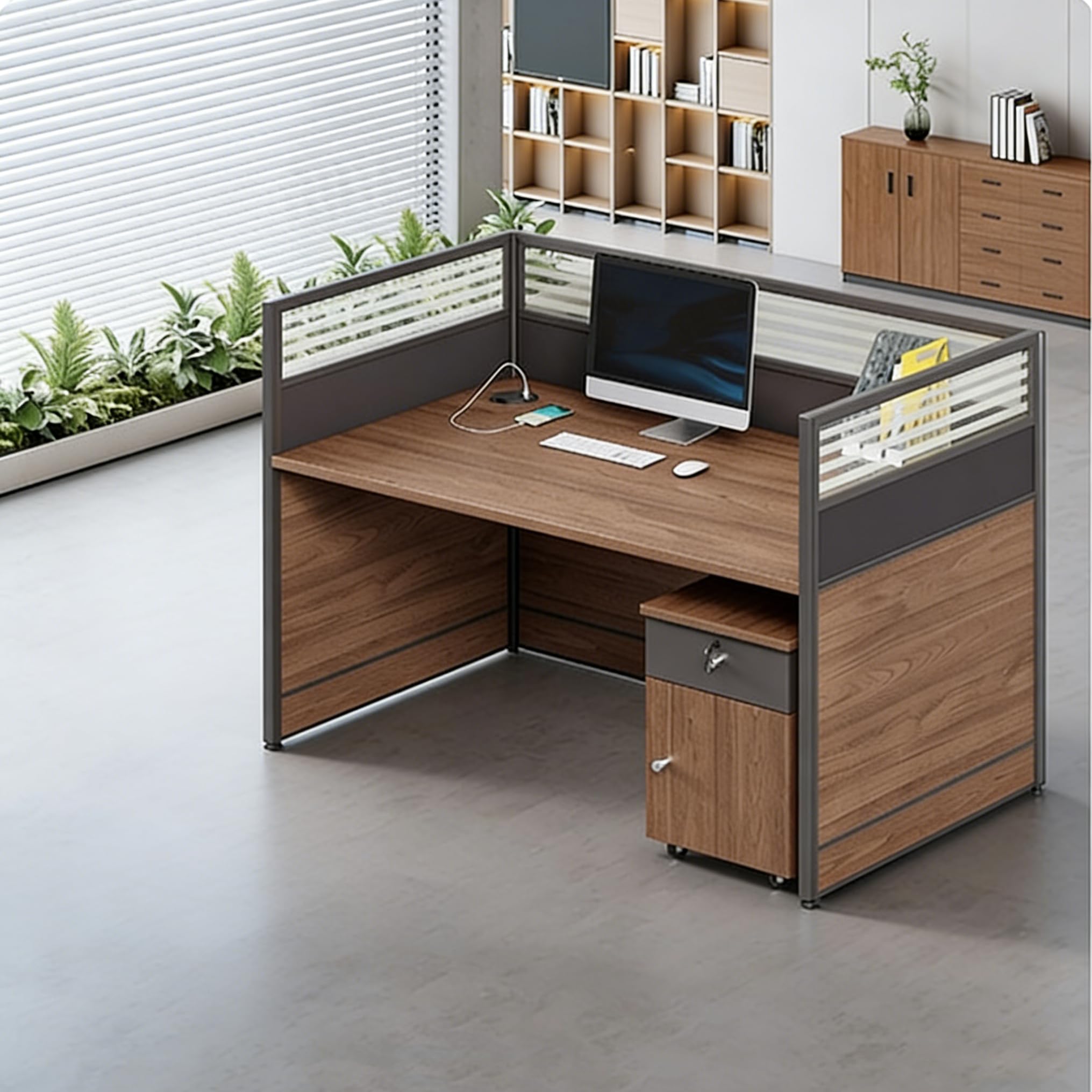 Modular Office Workstation Desk with Privacy Panels & Storage Cabinet