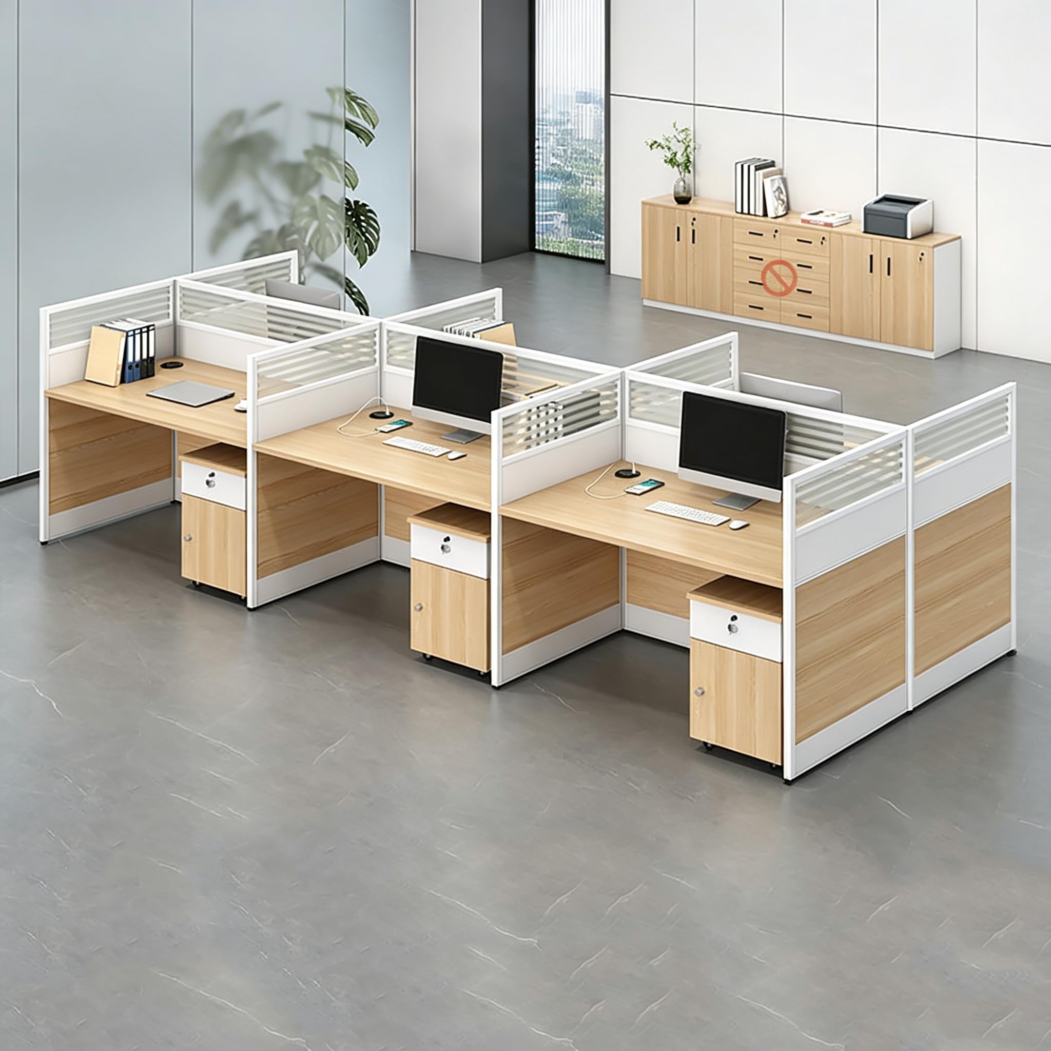 Multi-Person Office Workstation with Privacy Panels & Lockable Storage