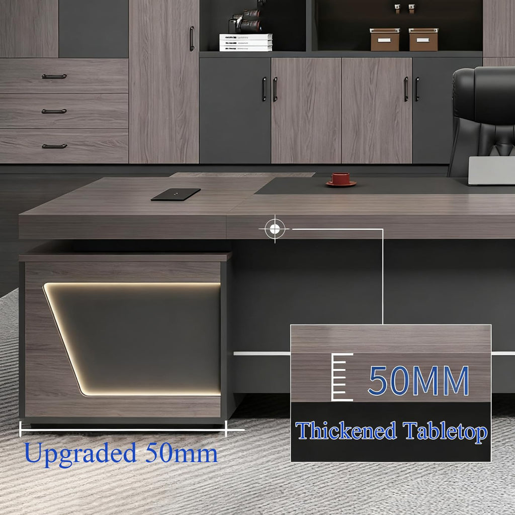 L-Shaped Executive Desk with Drawers, Power Outlet & File Cabinet