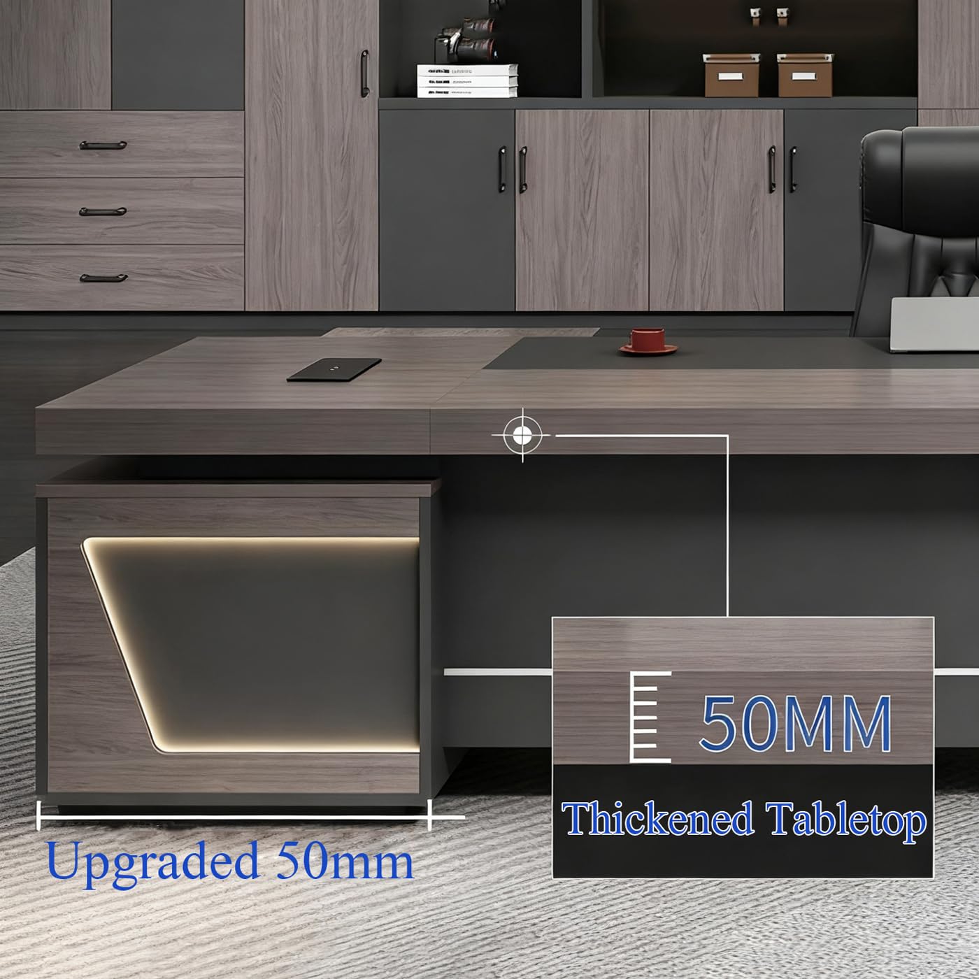 L-Shaped Executive Desk with Drawers, Power Outlet & File Cabinet