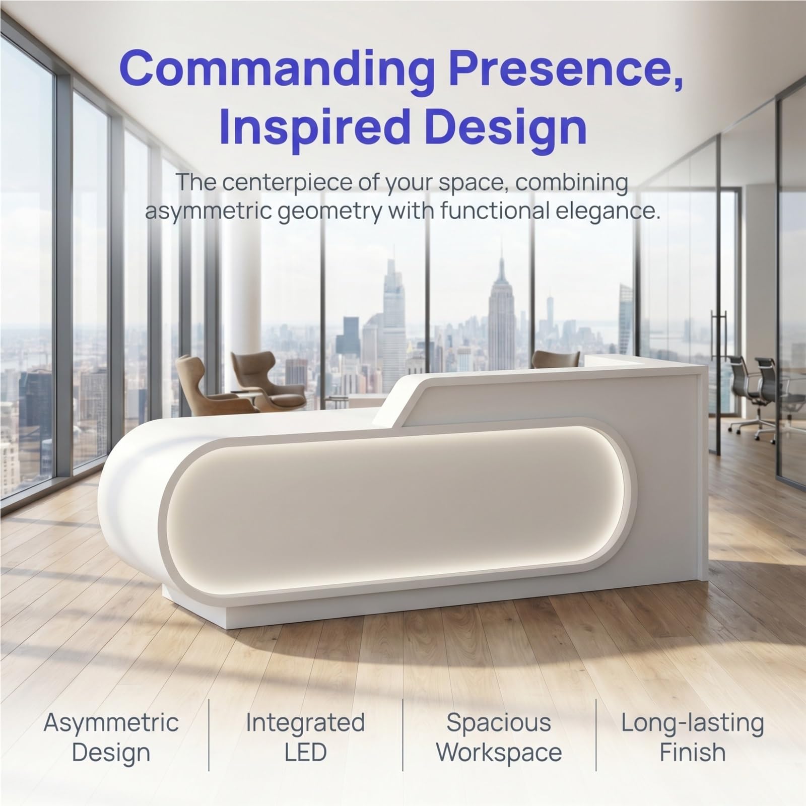 L-Shaped Reception Desk with LED Lighting & Privacy Panel