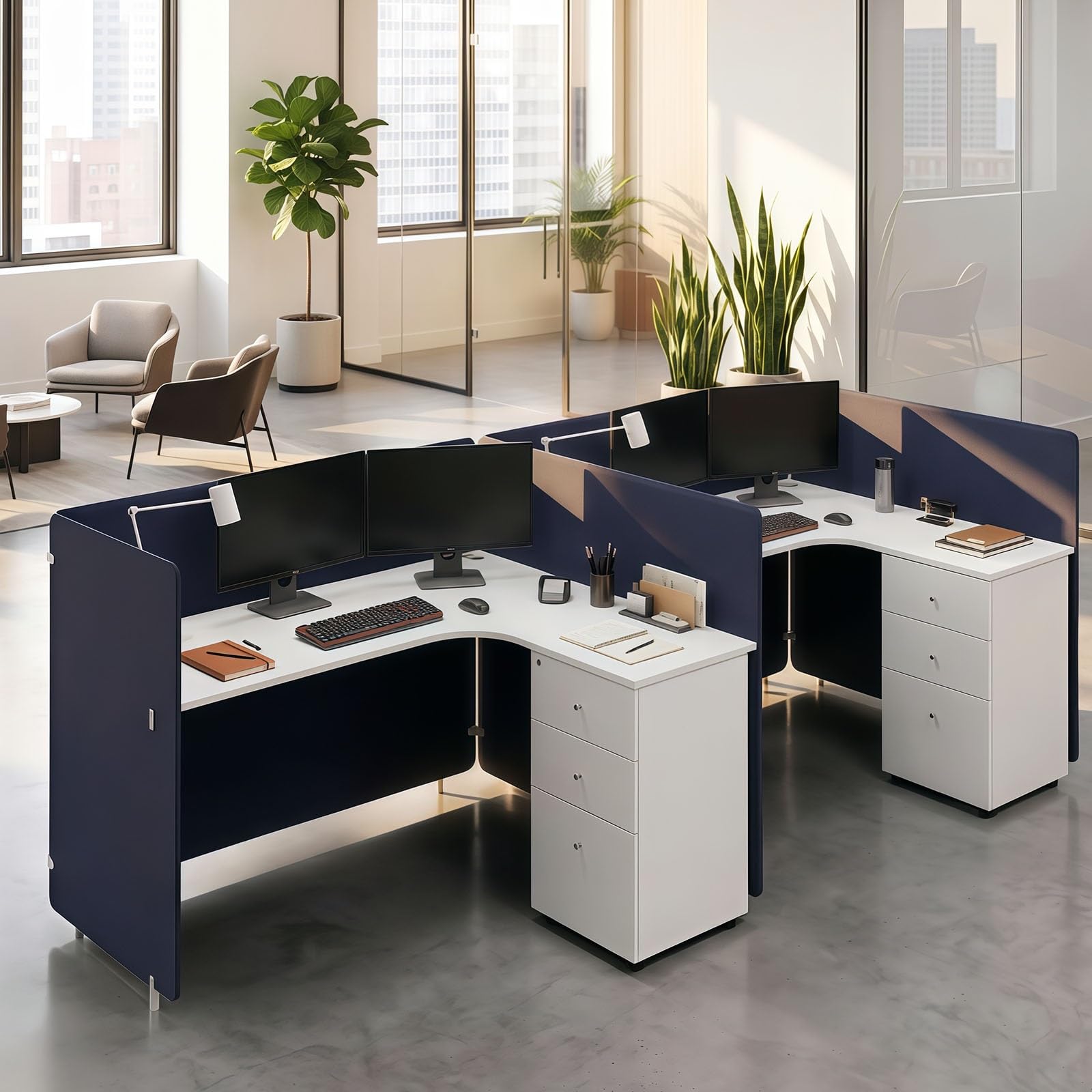 Office Cubicle Workstation with Privacy Partitions & Storage Cabinet