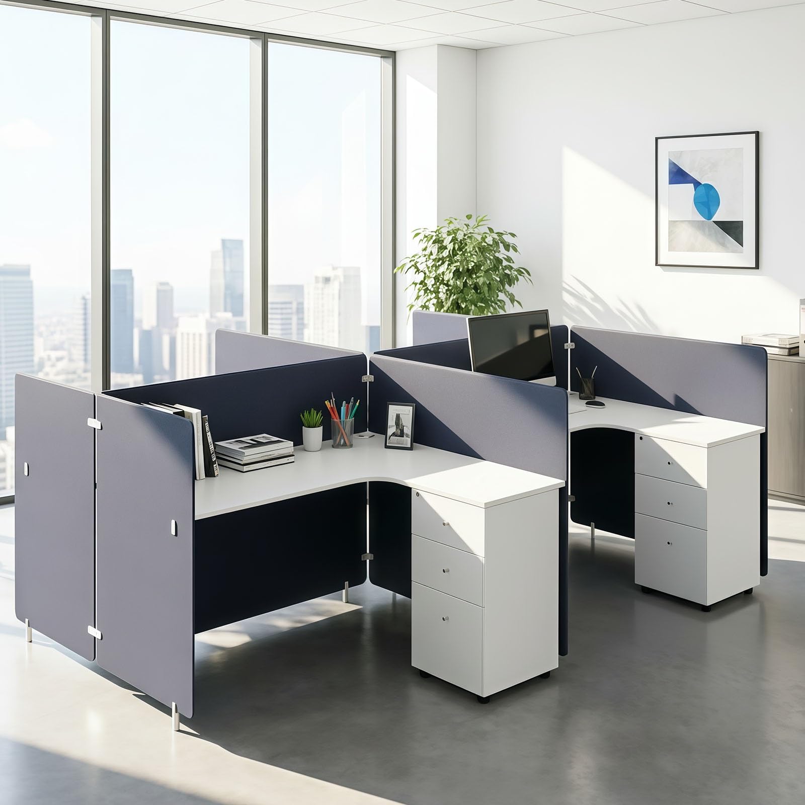 Office Cubicle Workstation with Privacy Partitions & Storage Cabinet