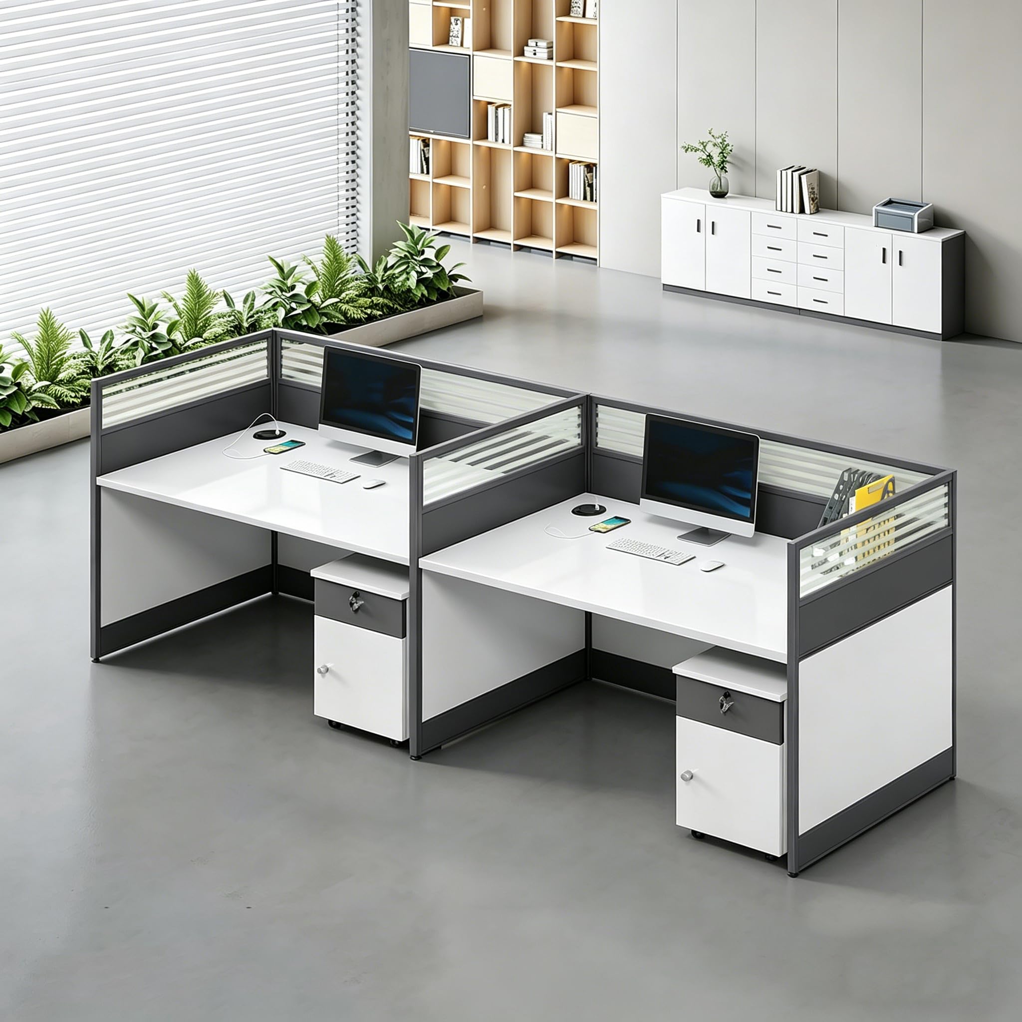 Multi-Person Office Workstation with Privacy Panels & Lockable Storage