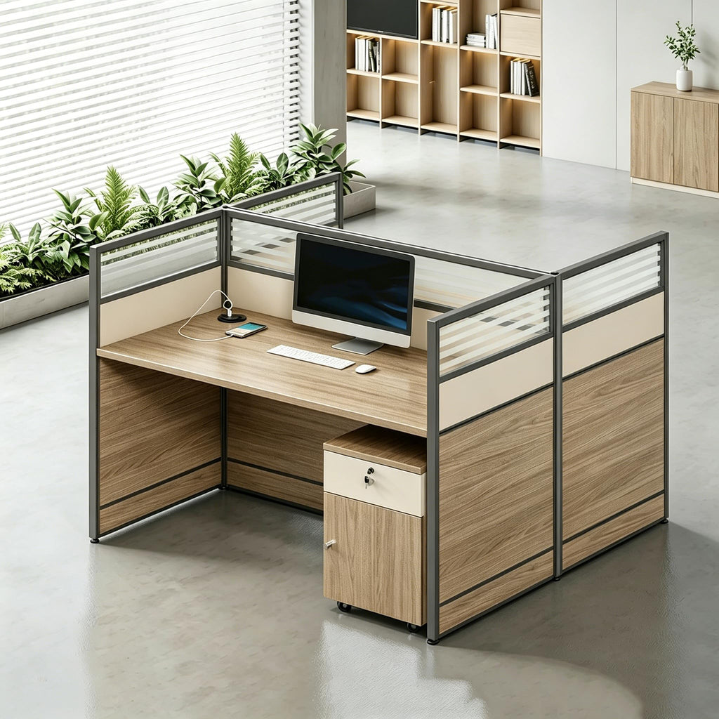Multi-Person Office Workstation with Privacy Panels & Lockable Storage