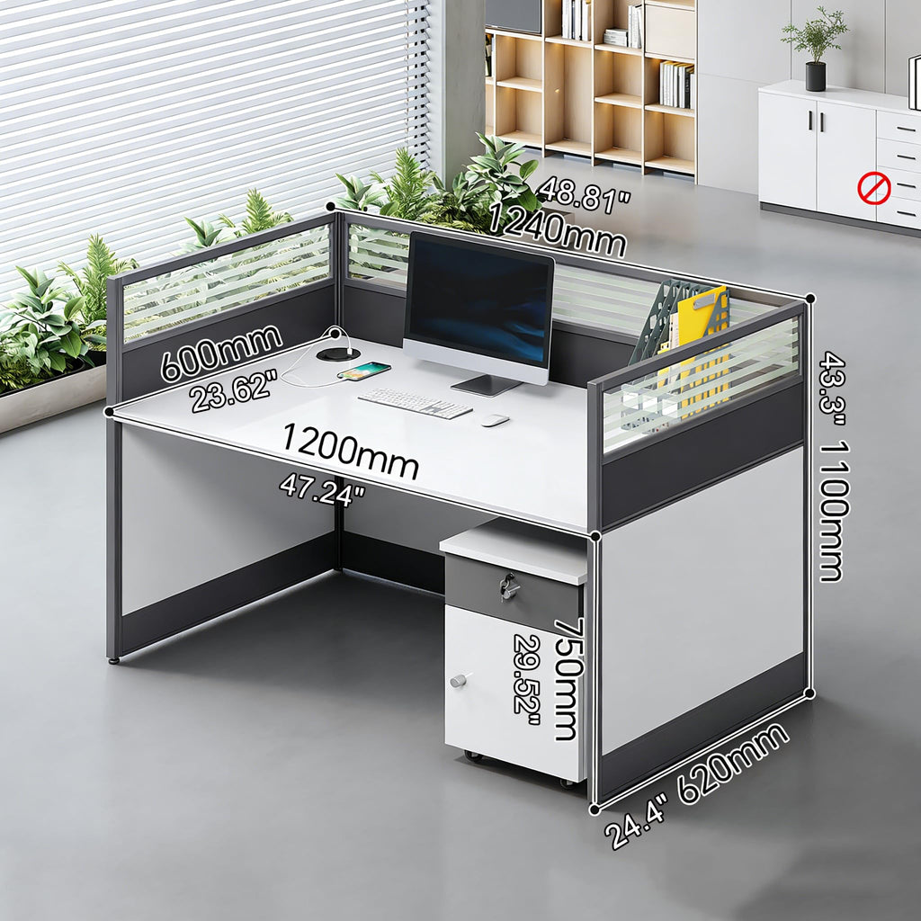Multi-Person Office Workstation with Privacy Panels & Lockable Storage
