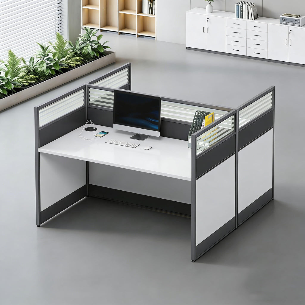 Multi-Person Office Workstation with Privacy Panels & Lockable Storage