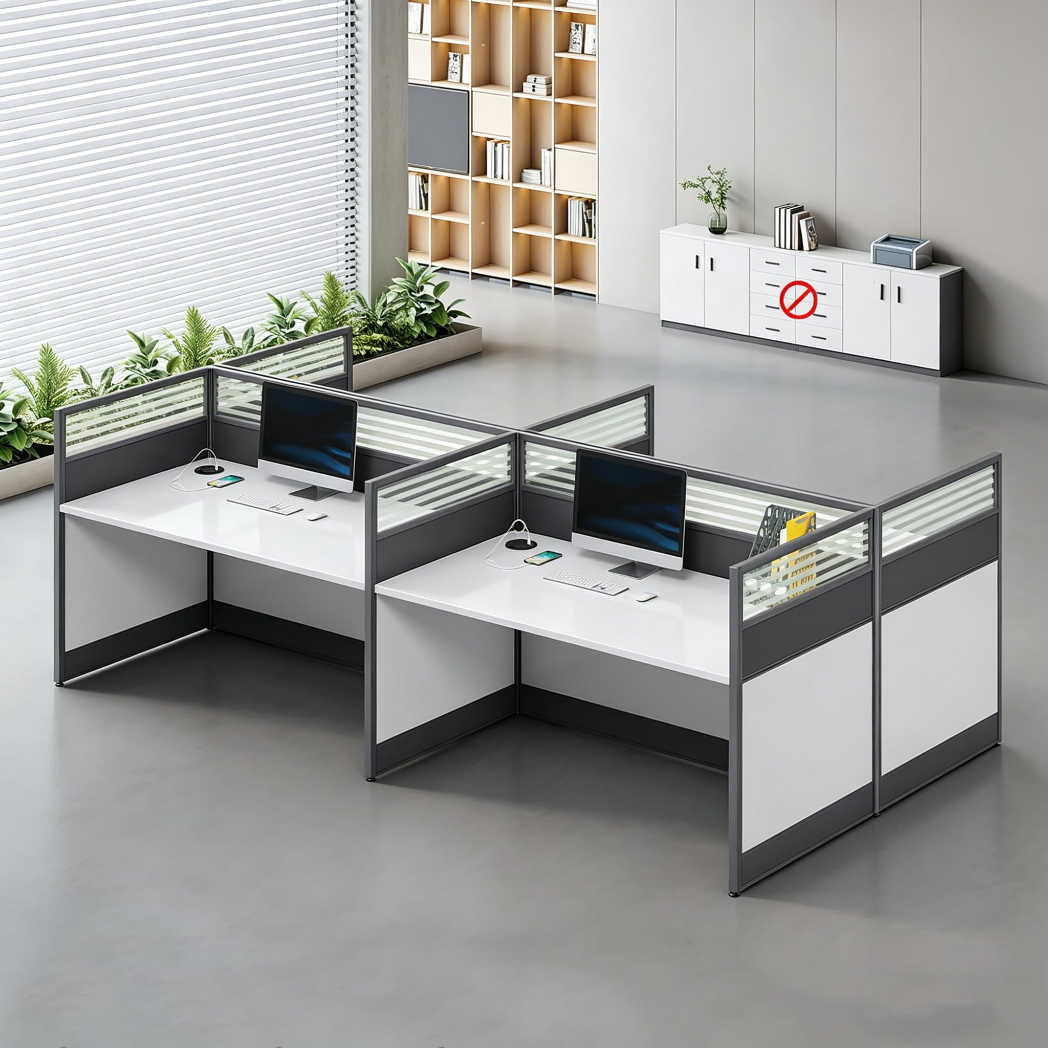 Multi-Person Office Workstation with Privacy Panels & Lockable Storage