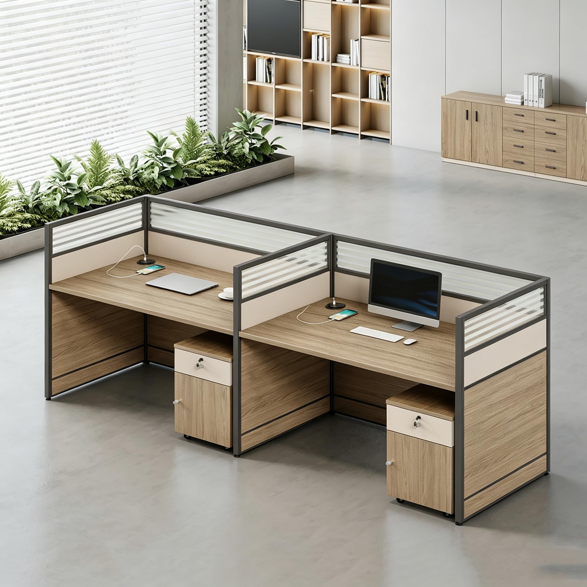 Modular Office Workstation Desk with Privacy Panels & Storage Cabinet