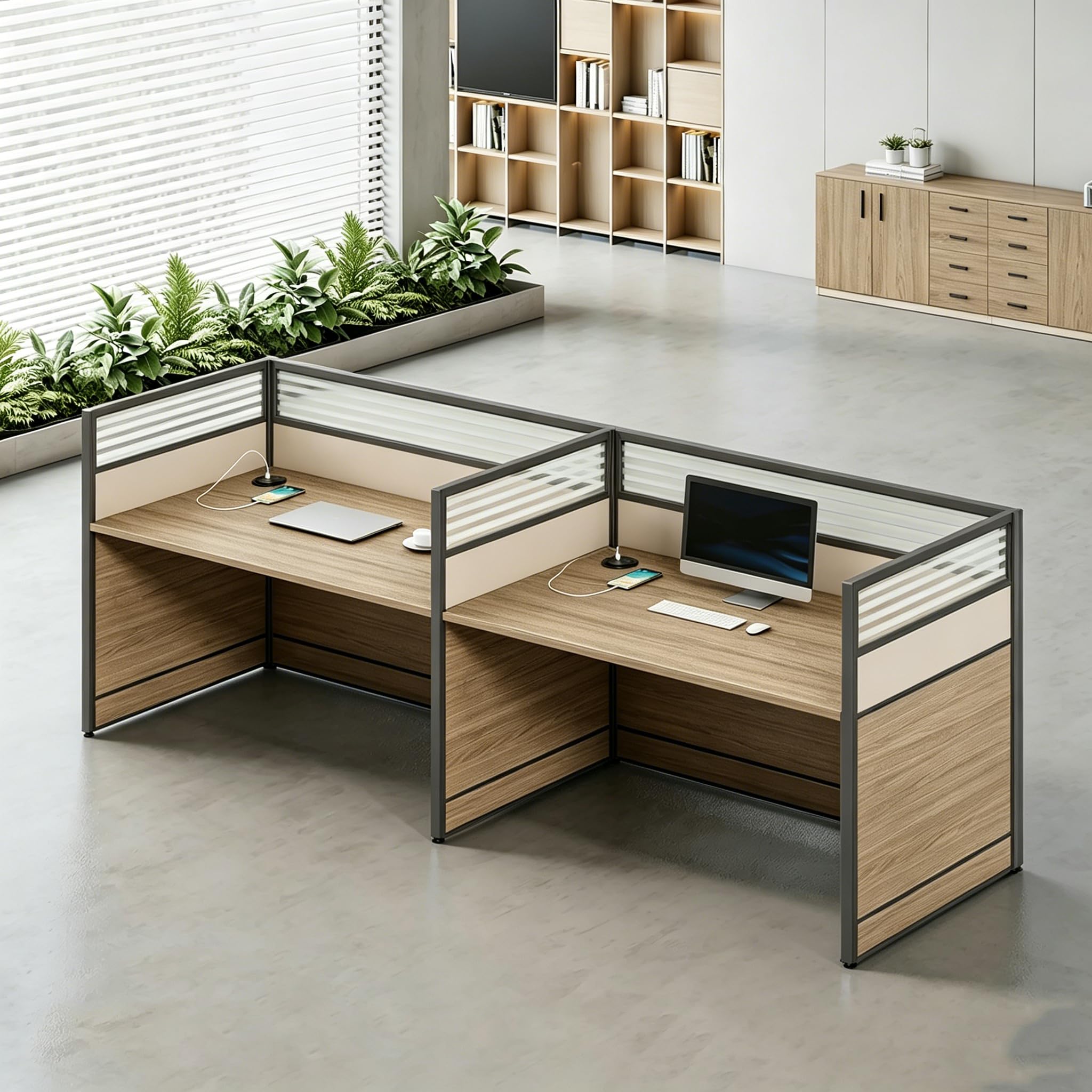 Modular Office Workstation Desk with Privacy Panels & Storage Cabinet