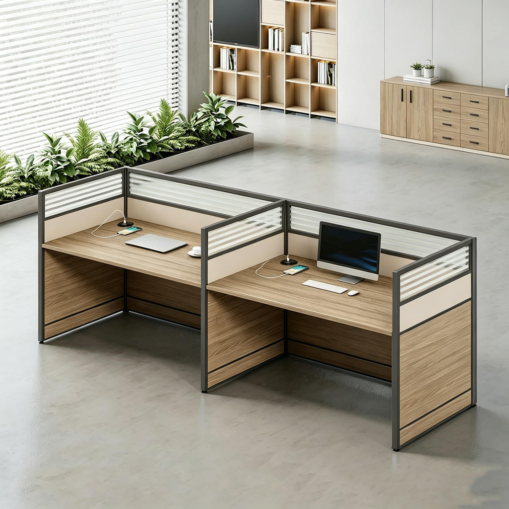 Multi-Person Office Workstation with Privacy Panels & Lockable Storage