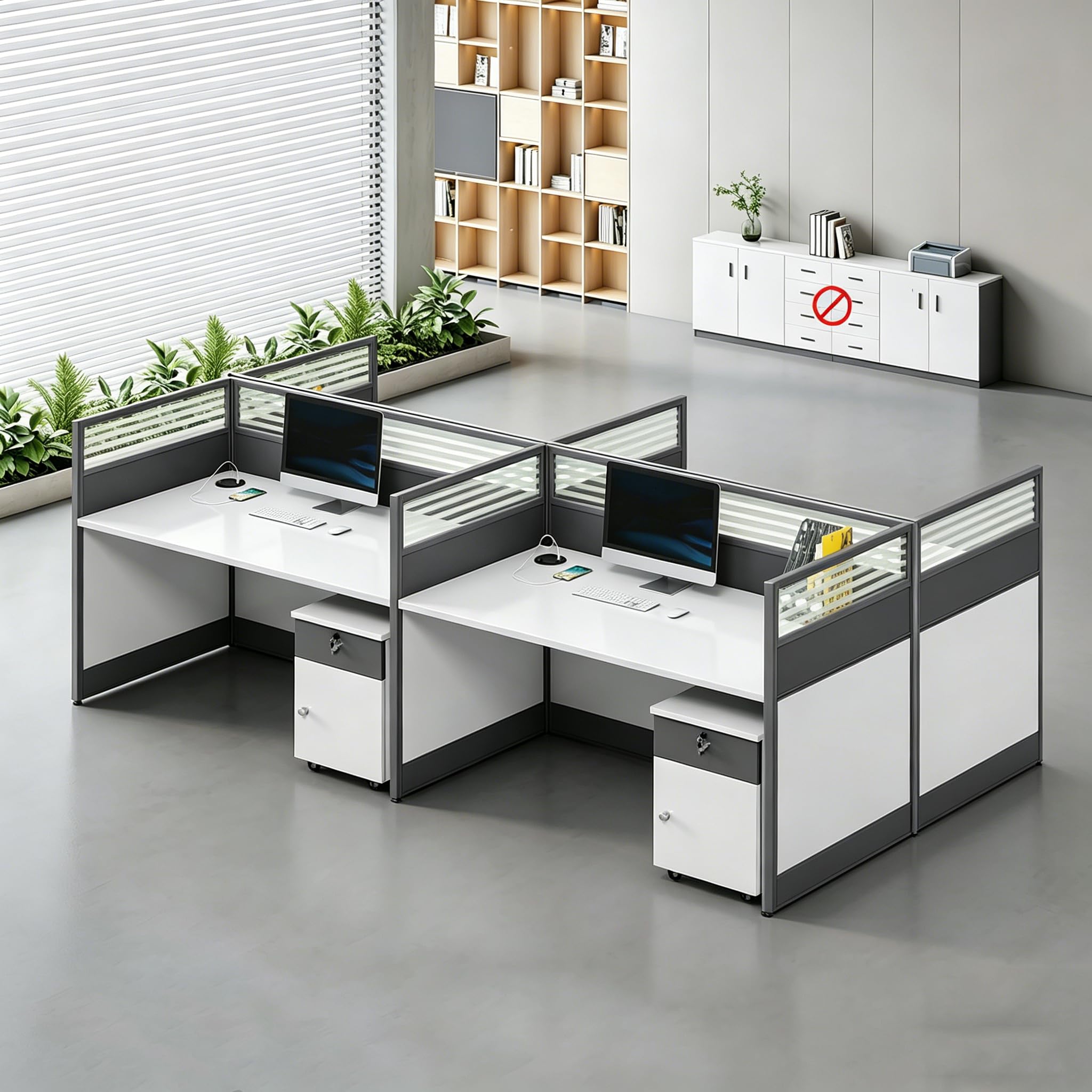 Modular Office Workstation Desk with Privacy Panels & Storage Cabinet