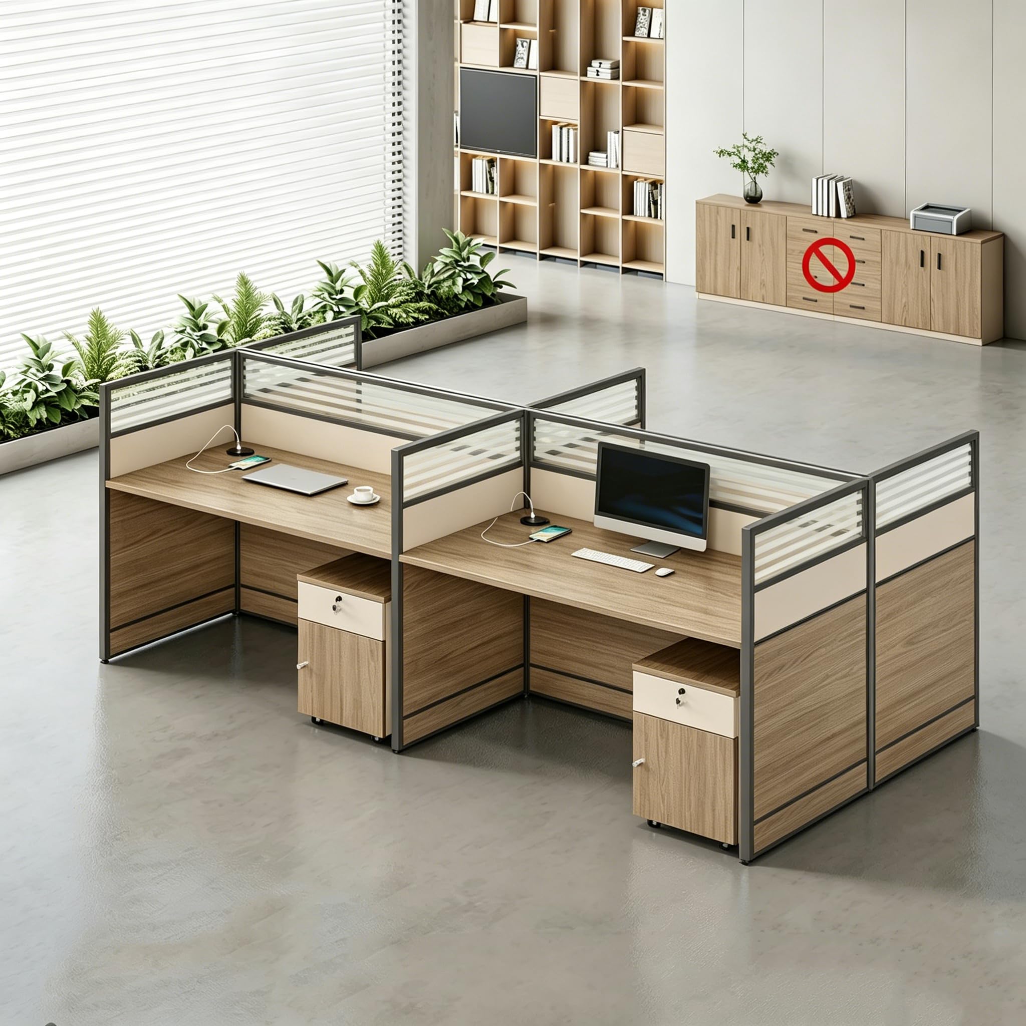 Multi-Person Office Workstation with Privacy Panels & Lockable Storage