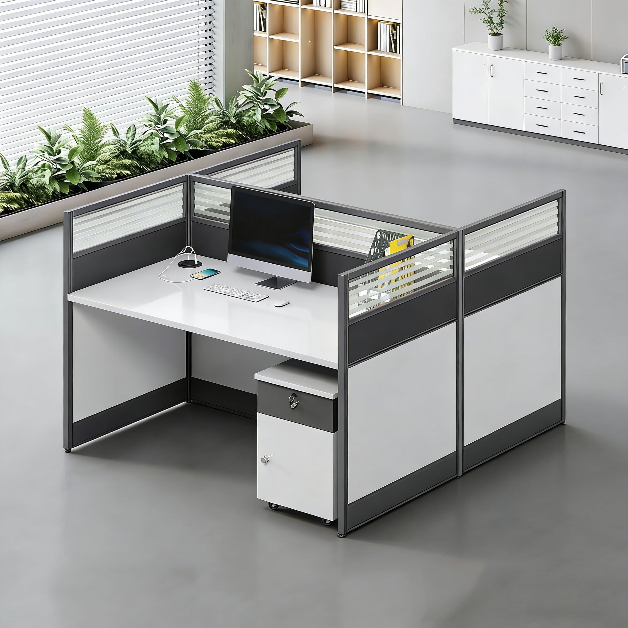Modular Office Workstation Desk with Privacy Panels & Storage Cabinet