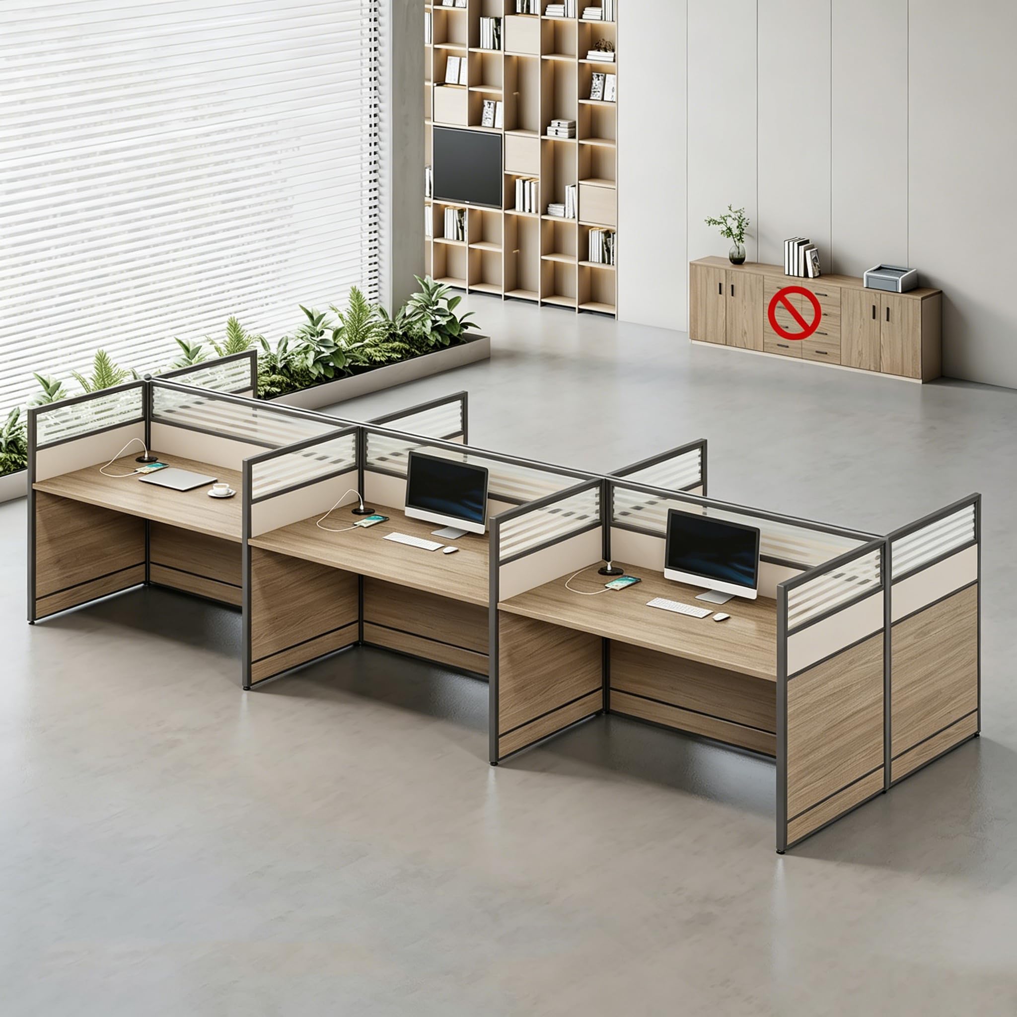 Multi-Person Office Workstation with Privacy Panels & Lockable Storage