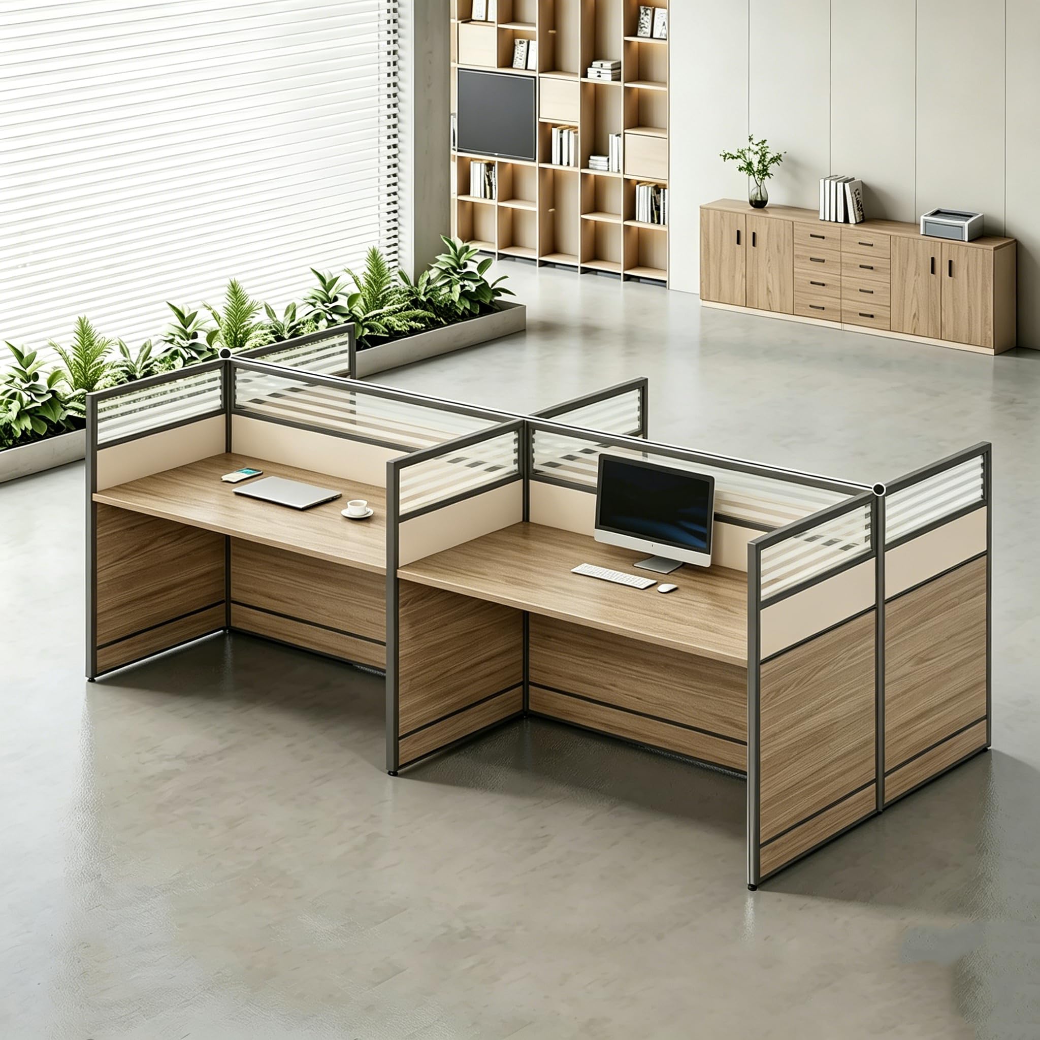 Modular Office Workstation Desk with Privacy Panels & Storage Cabinet