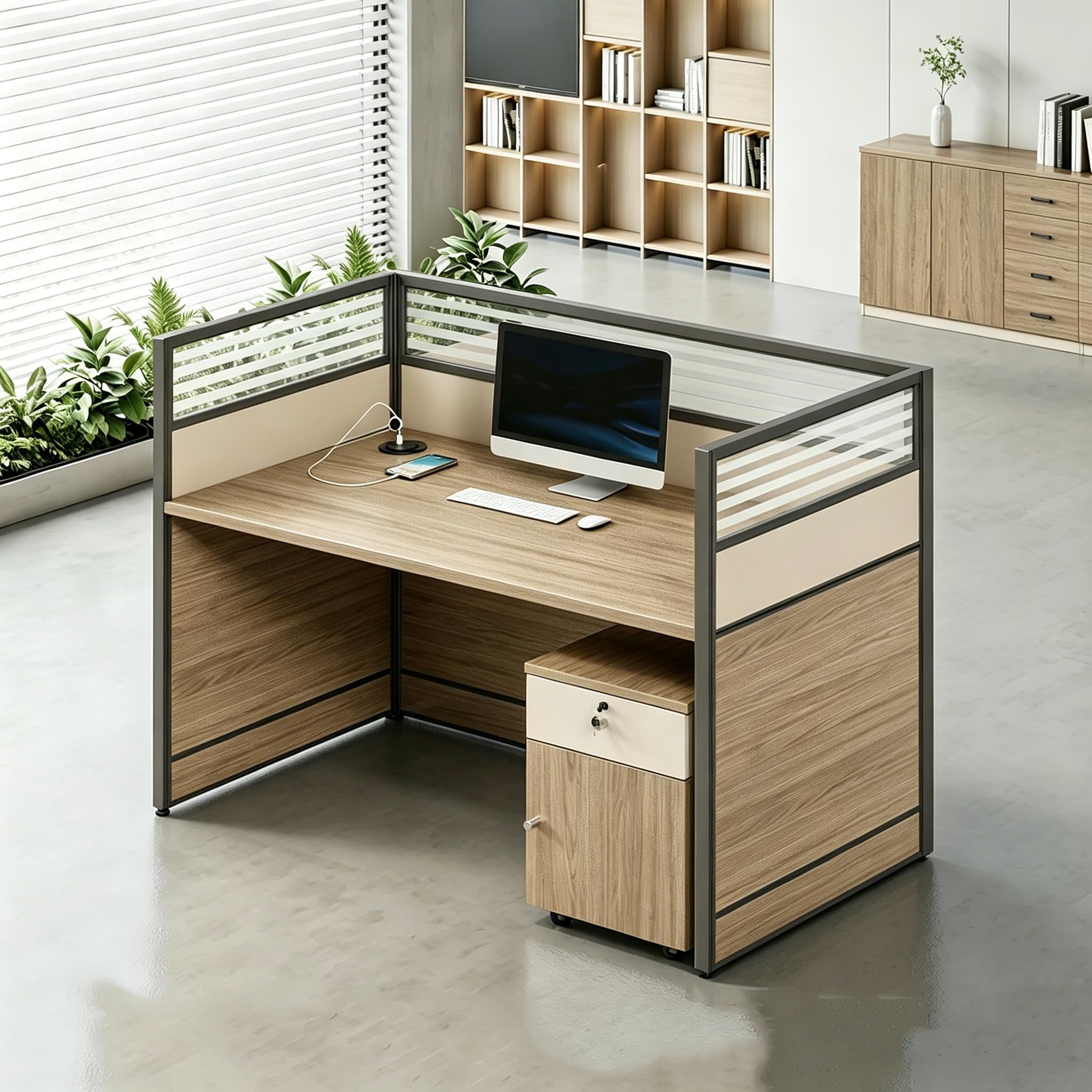 Modular Office Workstation Desk with Privacy Panels & Storage Cabinet