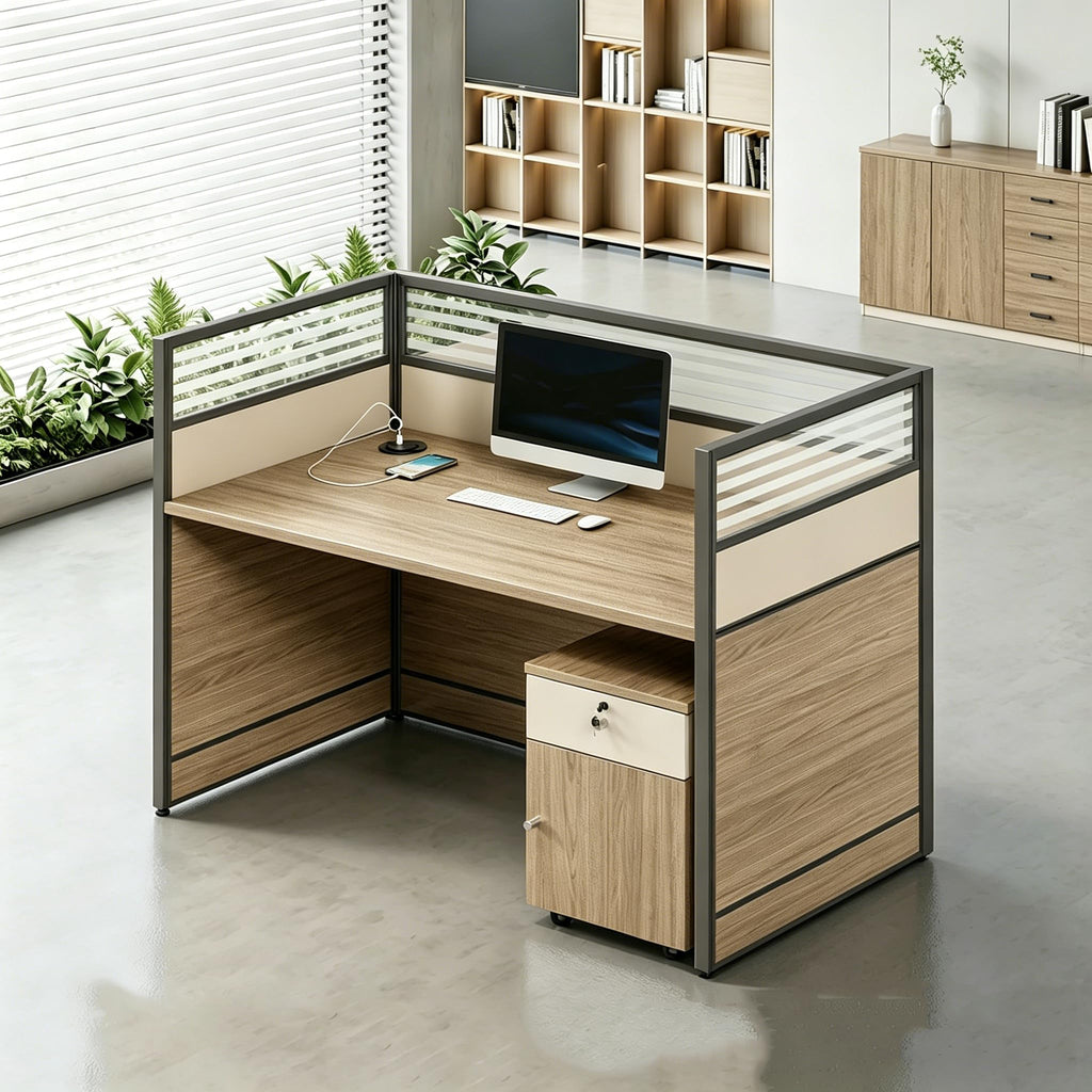 Multi-Person Office Workstation with Privacy Panels & Lockable Storage
