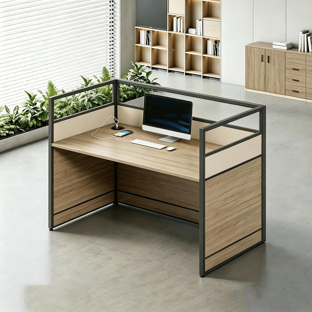 Multi-Person Office Workstation with Privacy Panels & Lockable Storage
