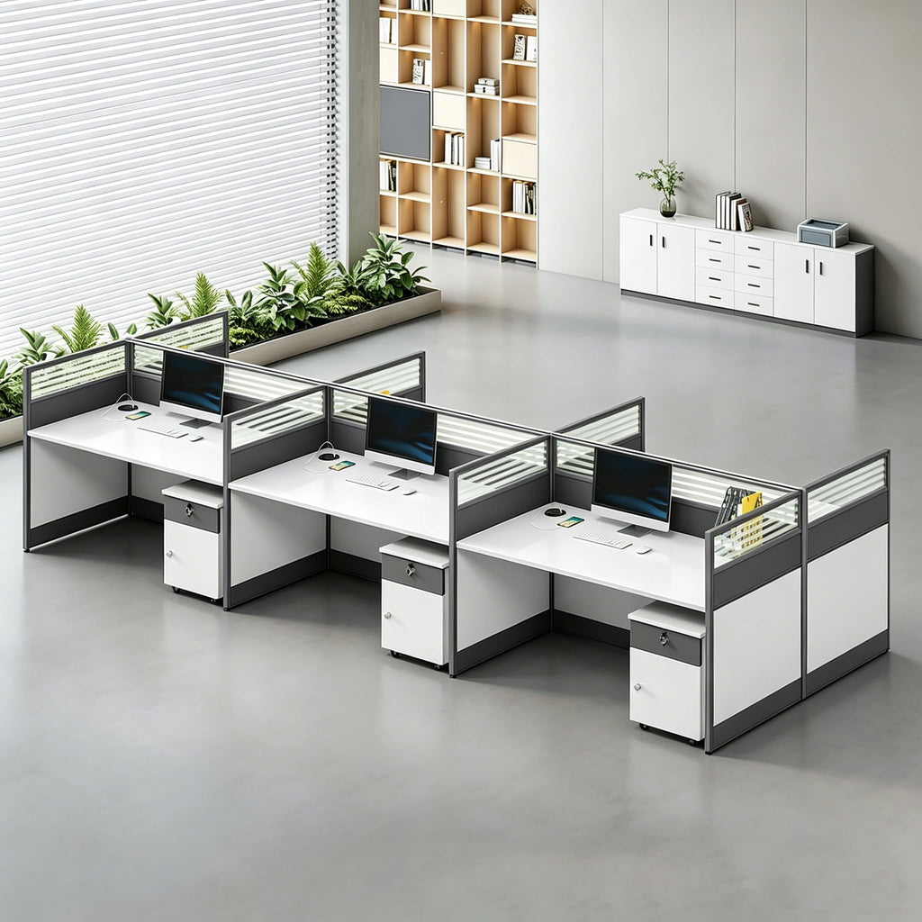 Multi-Person Office Workstation with Privacy Panels & Lockable Storage
