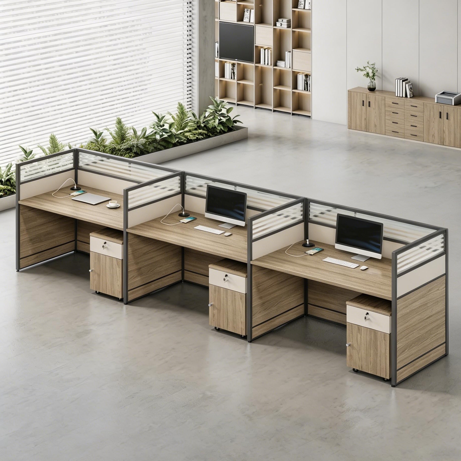 Modular Office Workstation Desk with Privacy Panels & Storage Cabinet